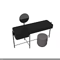 Dark Wooden Dressing Table with Metal Frame and Round Mirror with Beige Stool