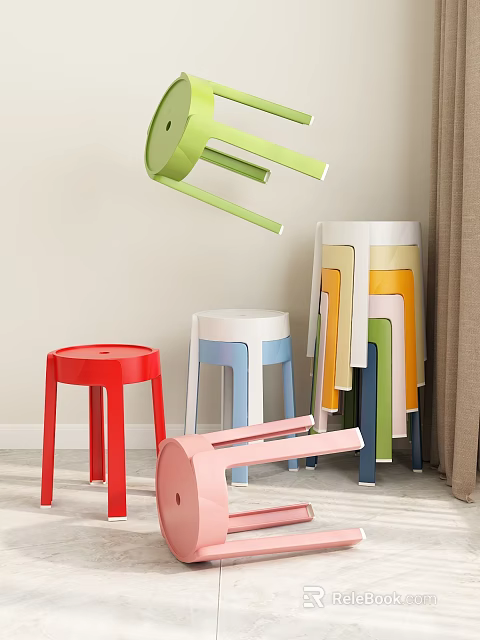 Colorful Stacked Plastic Stools in Red Blue Pink Green Yellow for Indoor Use 3d model 