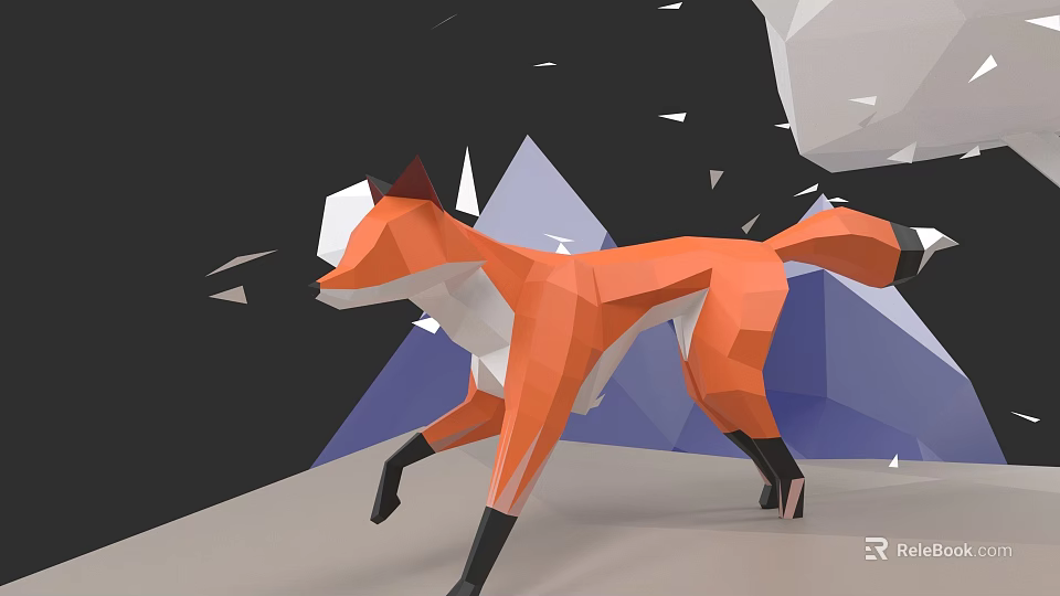 Low Poly Fox Running In Geometric Mountain Landscape With Dark Background 3d model 