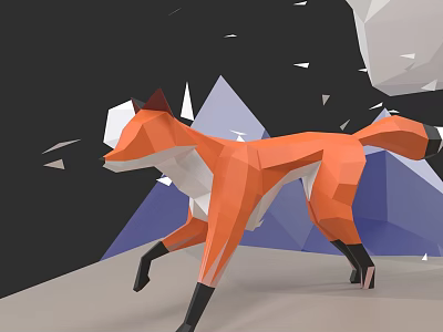 Low Poly Fox Running In Geometric Mountain Landscape With Dark Background 3d model