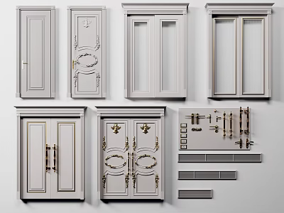 Elegant Classic Interior Double Doors With Carved Panels Metal Handles And Decorative Details 3d model