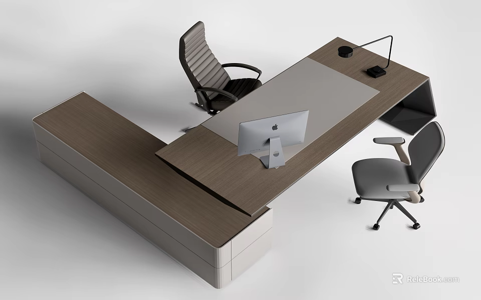 Modern Office Desk with Wooden Surface Gray Panel Computer Monitor Desk Lamp and Ergonomic Chairs 3d model 