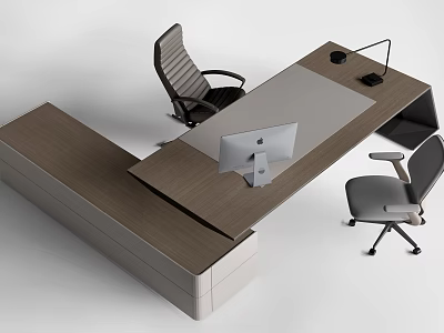 Modern Office Desk with Wooden Surface Gray Panel Computer Monitor Desk Lamp and Ergonomic Chairs 3d model