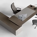 Modern Office Desk with Wooden Surface Gray Panel Computer Monitor Desk Lamp and Ergonomic Chairs