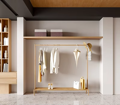 Minimalist Clothing Rack With Clothes Bags And Shoes 3d model