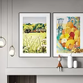 Interior Wall With Two Framed Paintings Decorative Items And Hanging Lamps 3d model