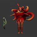 Fantasy Game Movie Character With Red Feather Decoration Red Yellow Hair And Green White Prop