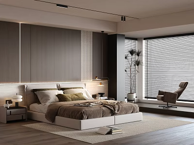 Modern Bedroom Interior Design With Bed Headboard Wall Nightstands Table Lamps Window Blinds And Chair 3d model