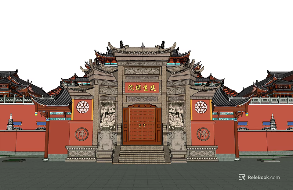 Ancient Chinese Architecture Main Gate With Curved Eaves Red Walls And Stone Lions 3d model 