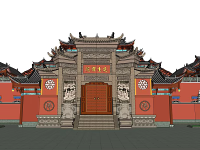 Ancient Chinese Architecture Main Gate With Curved Eaves Red Walls And Stone Lions 3d model