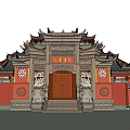 Ancient Chinese Architecture Main Gate With Curved Eaves Red Walls And Stone Lions