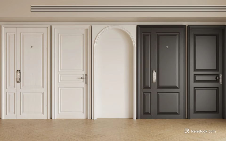 Black Double Doors Alongside White Doors And Arched Doorway With White Walls Light Wooden Flooring 3d model 