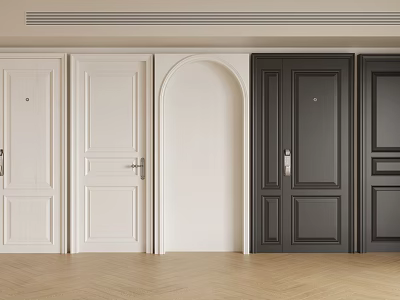 Black Double Doors Alongside White Doors And Arched Doorway With White Walls Light Wooden Flooring 3d model