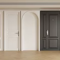 Black Double Doors Alongside White Doors And Arched Doorway With White Walls Light Wooden Flooring