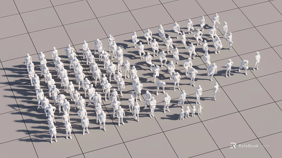 Many White Human Figures Arranged On Grid Patterned Floor Background Surface 3d model 