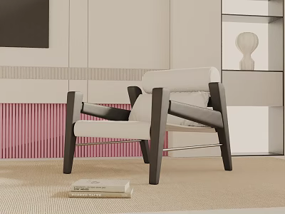 Modern Leisure Chair with Wooden Frame in Interior Featuring Pink Textured Panel and Books 3d model
