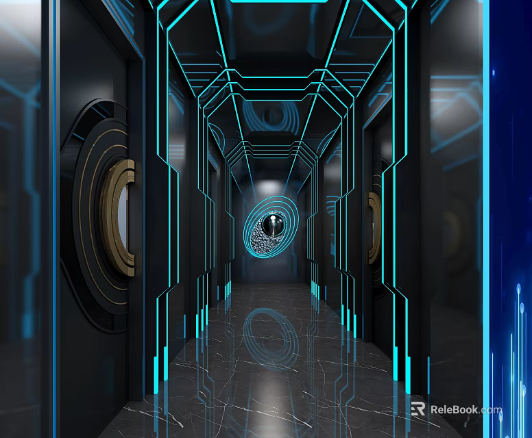 KTV Corridor Design With Neon Lights Futuristic LED Strips And Glossy Floor 3d model 