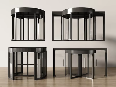 Modern Revolving Doors With Black Frames And Glass Panels On Wooden Flooring 3d model
