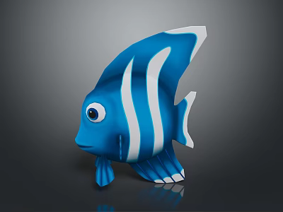3D Model Of Cartoon Blue Aquatic Fish With White Stripes And Big Eyes 3d model