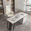 Modern Office Desk Setup With Laptop White Chair Shelves Books And Decorative Plant Vase