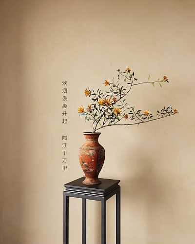 Traditional Ceramic Vase with Yellow Flowers and Green Branches on Black Table Home Decor 3d model