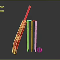 Cricket Sports Equipment Setup With Red Bat Wooden Stumps And Leather Ball