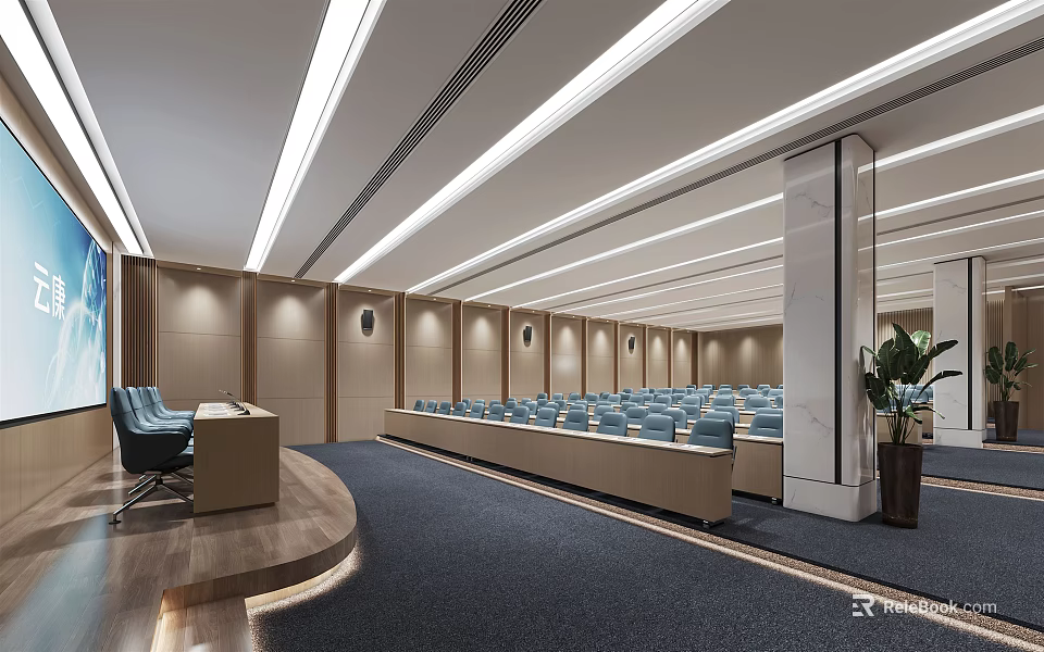 Modern Conference Room Interior With Seating Podium Ceiling Lighting And Decorative Plant 3d model 