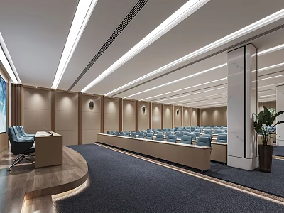 Modern Conference Room Interior With Seating Podium Ceiling Lighting And Decorative Plant 3d model