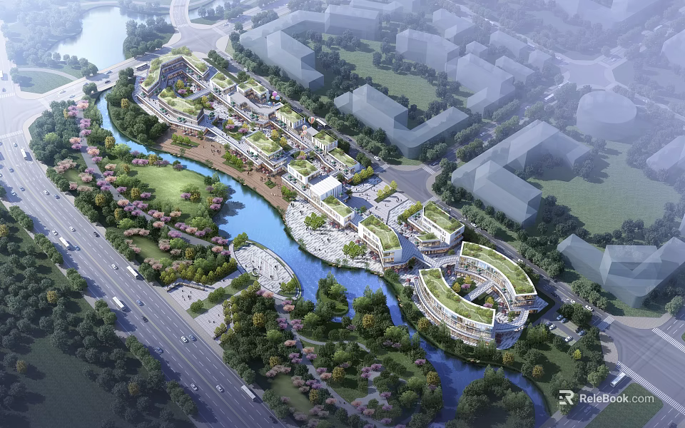 Scenic Commercial Street With River Running Through Green Landscaped Areas And Modern Buildings 3d model 
