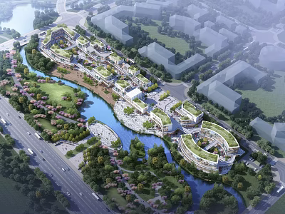 Scenic Commercial Street With River Running Through Green Landscaped Areas And Modern Buildings 3d model