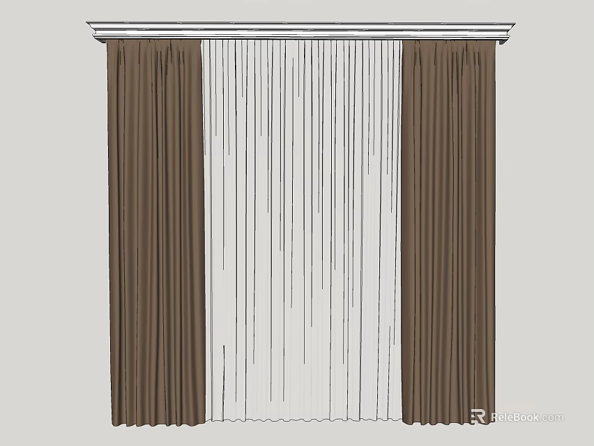 Brown Curtain Panels And White Sheer Layer For Home Window Design 3d model