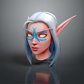Fantasy Game Movie Character With Silver Gray Long Hair Elf Ears Blue Facial Markings And White Eyes