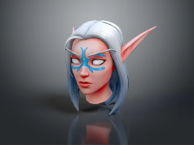 Fantasy Game Movie Character With Silver Gray Long Hair Elf Ears Blue Facial Markings And White Eyes 3d model