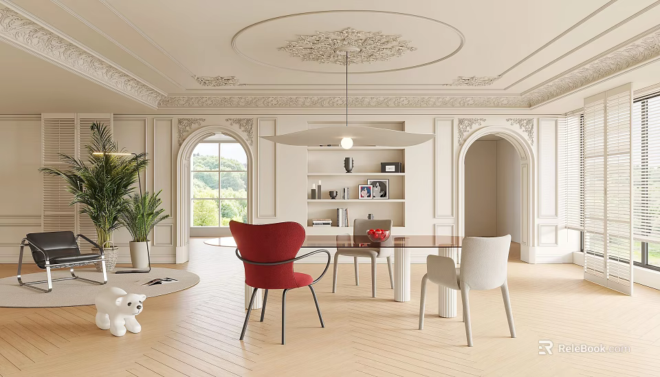 Elegant Modern Restaurant Interior With Round Ceiling Design And Stylish Dining Chairs 3d model