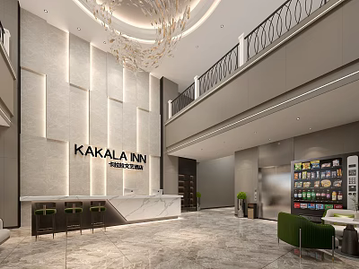KAKALA INN Hotel Lobby with Front Desk Chandelier Marble Floor Green Chairs Elevator Vending Machines 3d model