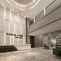 KAKALA INN Hotel Lobby with Front Desk Chandelier Marble Floor Green Chairs Elevator Vending Machines