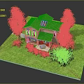 Small House with Red Roof Beige Walls Circular Patio and Green Grass Yard with Trees
