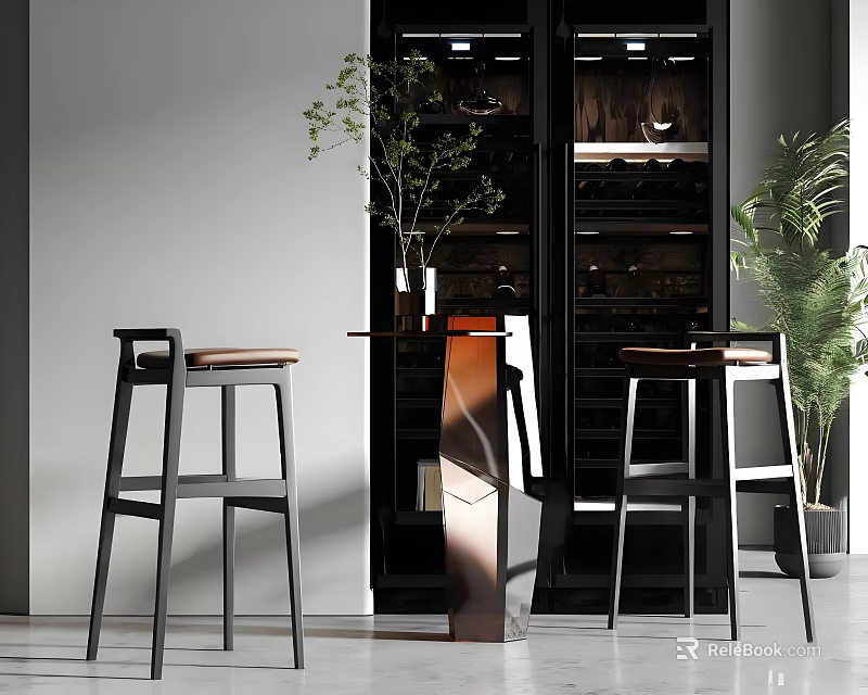 Elegant Modern Bar Counter with High Stools Wine Cabinet and Green Plants 3d model 