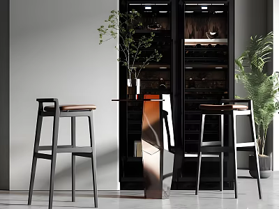 Elegant Modern Bar Counter with High Stools Wine Cabinet and Green Plants 3d model