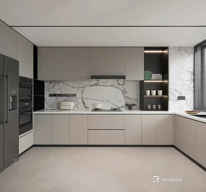 Modern Kitchen Interior Design With Marble Backsplash Integrated Cabinets And Appliances 3d model