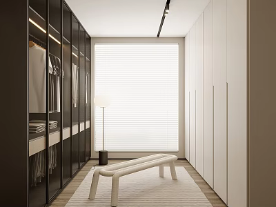 Modern Walk in Closet Interior With Dark And White Cabinets Bench Rug And Window Blinds 3d model