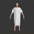 Human Figure Sculpture in Polka Dot Hospital Gown with Bald Head Standing on Gray Background