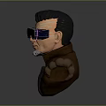 Cyberpunk Character 3D Bust With Blue Goggles Green Neon Tech Implants And Brown Jacket