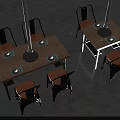 Wooden Dining Table And Chair Combination With Black Frames Brown Seats And Round Metal Plates