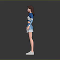 Woman Wearing Blue And White Cheerleader Uniform With Crop Top Skirt And White Shoes