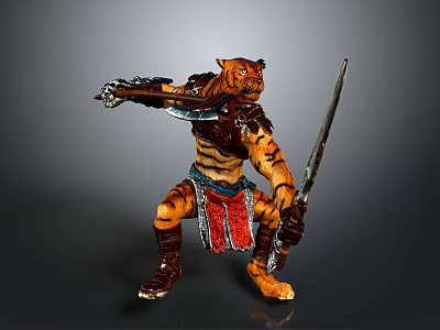 Tiger Headed Warrior Character With Striped Armor Wielding Axe And Sword 3d model