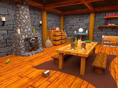 Rustic Interior Space With Stone Fireplace Wooden Table Benches Stone Walls And Wooden Floor 3d model