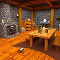 Rustic Interior Space With Stone Fireplace Wooden Table Benches Stone Walls And Wooden Floor