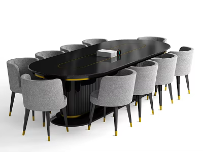 Modern Oval Black Conference Table With Gray Chairs Golden Legs White Box And Green Item 3d model