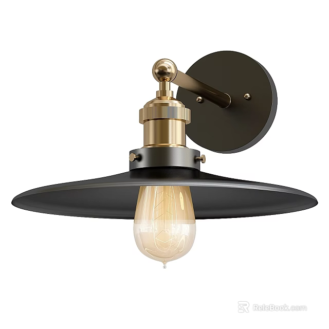 Industrial Style Wall Lamp With Black Shade Gold Accents And Transparent Retro Bulb 3d model 